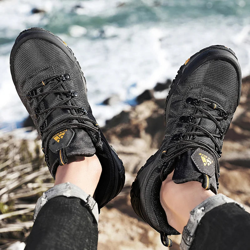 HIKEUP Celoroční pánské turistické boty pro outdoorové sporty z pravé kůže, odolné proti opotřebení, horolezecké boty s gumovou podrážkou, trekingové tenisky