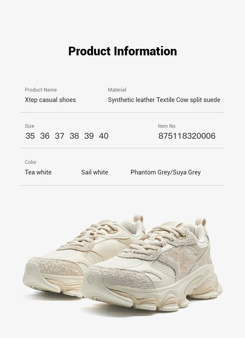 Xtep Chinoiserie Casual Shoes Female 2025 Spring Increase Thick Sole Sports Shoes Outdoor Vintage Fashion Sneakers 875118320006