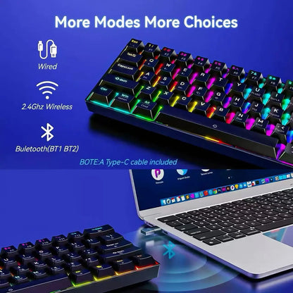 RGB Backlit 61 Keys Mechanical Keyboard Tri-Mode BT Wireless Waterproof Dustproof Portable Gaming Keyboard for Esports Gamer