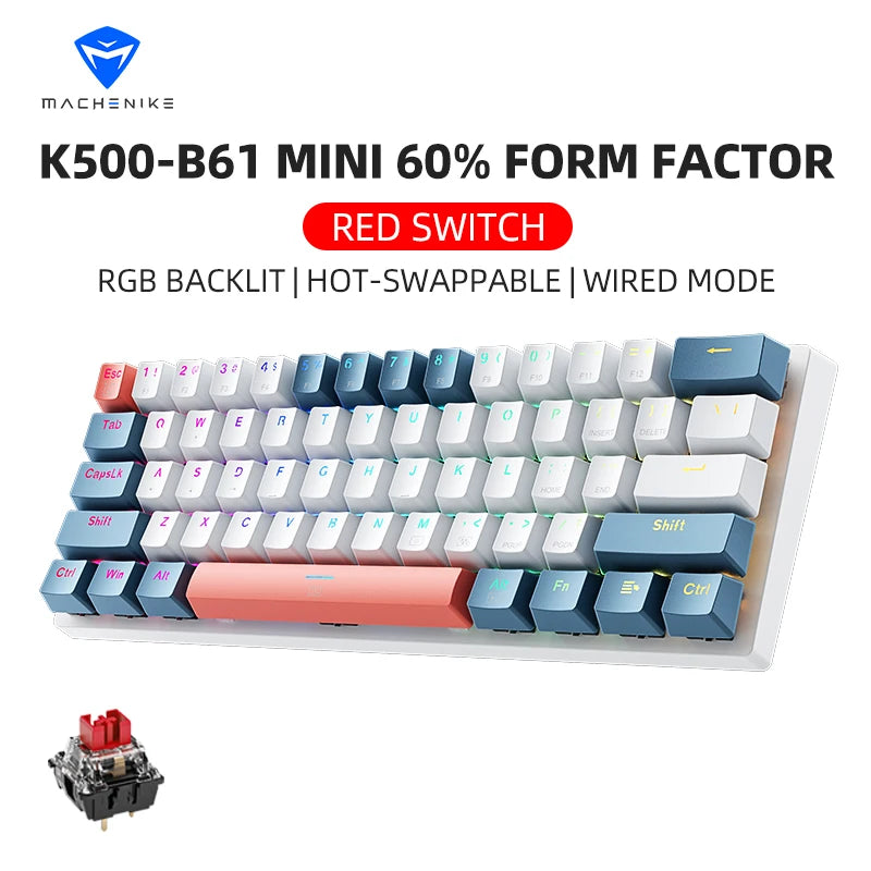 K500-B61 Machenike mini mehanička tipkovnica, format 60%, 61 tipka, gaming tipkovnica, žična, potpuno hot-swappable, RGB pozadinsko osvjetljenje