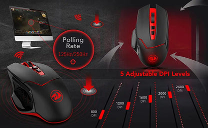 Ratón gaming inalámbrico Redragon M690-1 2.4Ghz con cambio de DPI, 2 botones laterales, 2400 DPI, diseño ergonómico, 8 botones - Negro