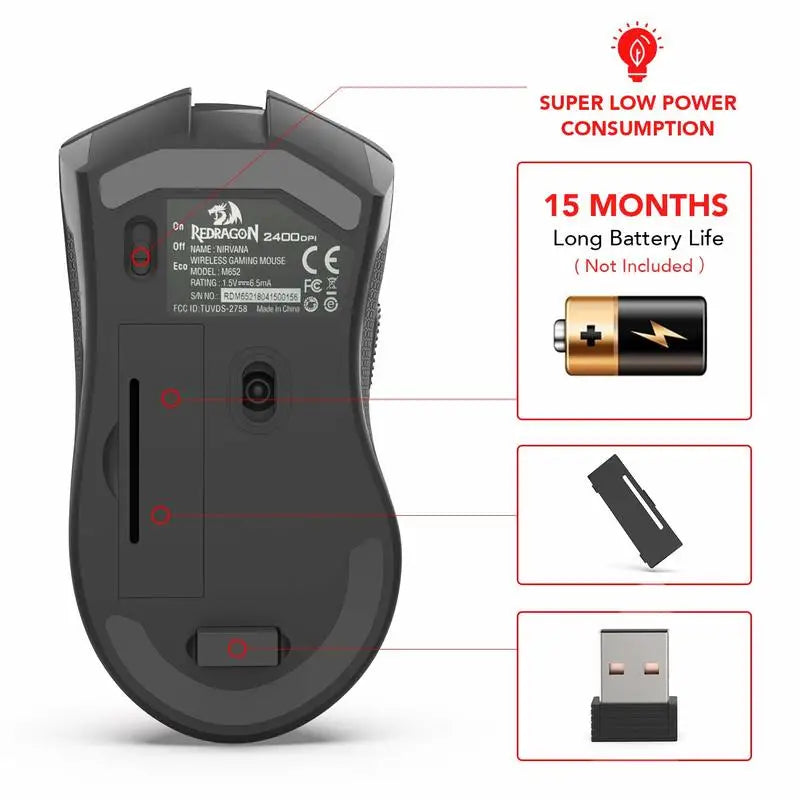 Redragon M652 Wireless Gaming Mouse, 2.4GHz Optical Wireless Mouse with USB Receiver, 5 Adjustable DPI Levels, Ergonomic Wireless Mouse for Gaming & Office