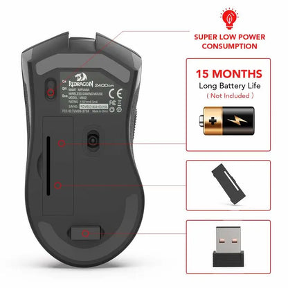 Redragon M652 Wireless Gaming Mouse, 2.4GHz Optical Wireless Mouse with USB Receiver, 5 Adjustable DPI Levels, Ergonomic Wireless Mouse for Gaming & Office