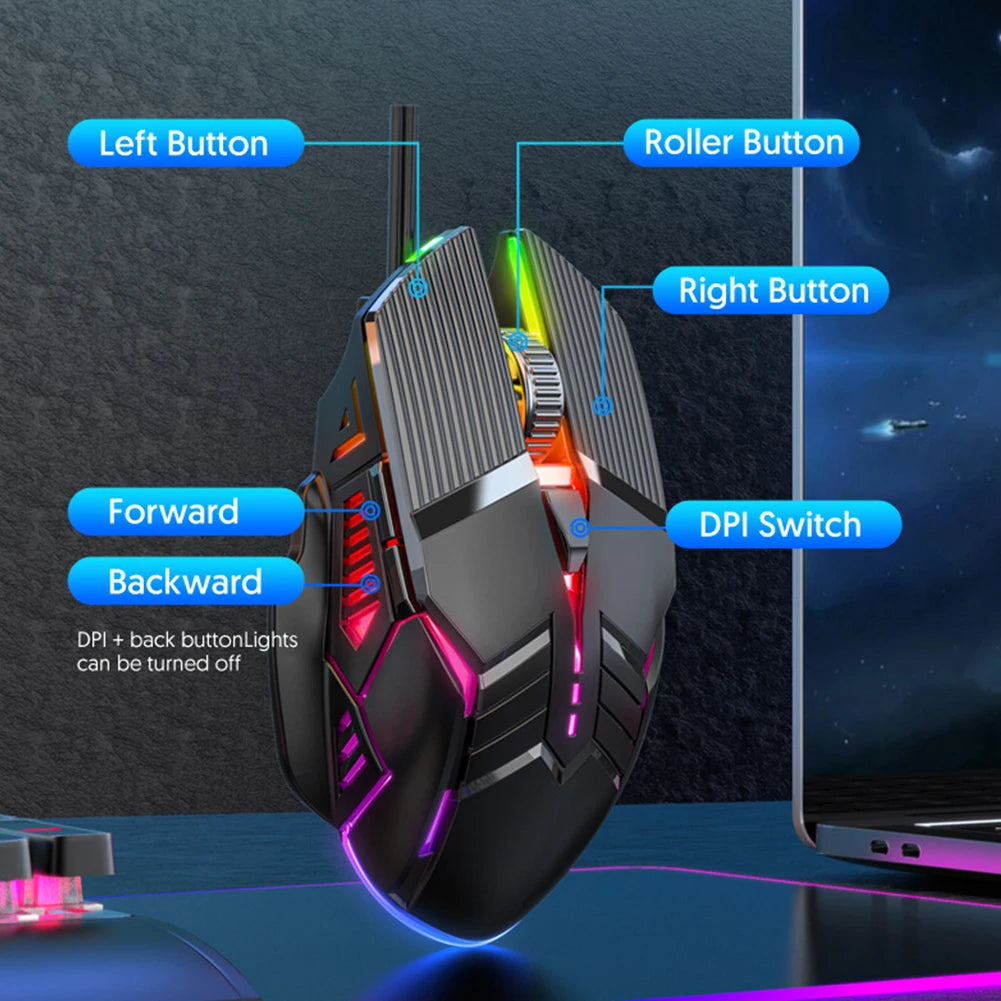3200DPI Ergonomic Wired Gaming Mouse RGB Backlit USB Gaming Mouse with 6 Silent Buttons for PC Laptop