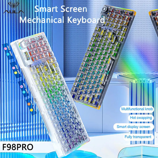 AULA F98PRO Wireless Mechanical Keyboard Transparent Keycaps RGB Backlit Custom 2.4G Hot Swappable Gaming Keyboard With Screem