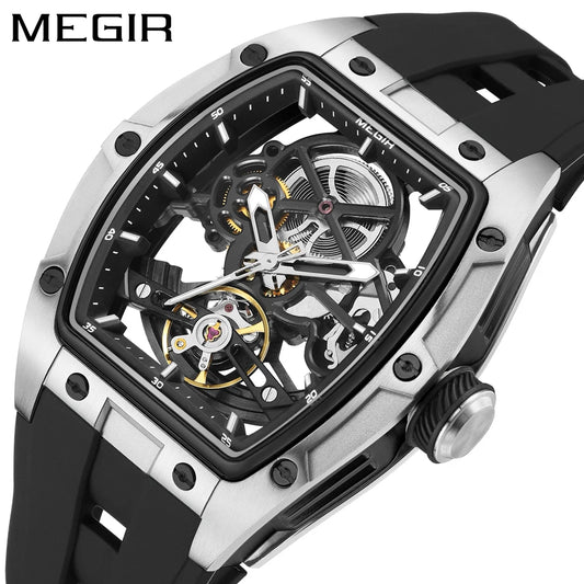MEGIR MG-2242G Men’s Automatic Mechanical Watch  Skeleton Barrel Case, Luminous Hands & Silicone Strap