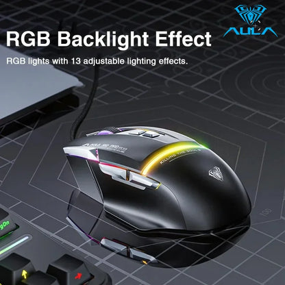 Ratón mecánico con cable AULA S12Pro 1000HZ 12800DPI RGB de baja latencia con macros configurables para esports, accesorios gaming para PC