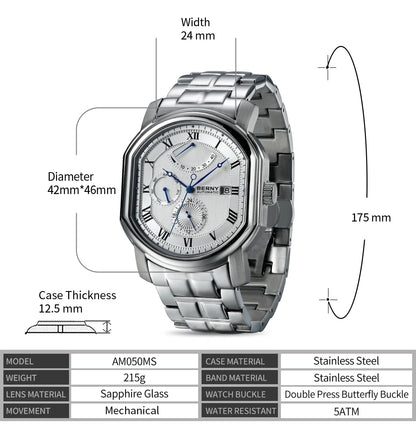 BERNY Men Mechanical Watch Top Accuracy Move Automatic Wristwatch Luxury Male Clock Sapphire Self-Winding Men's Watch Waterproof