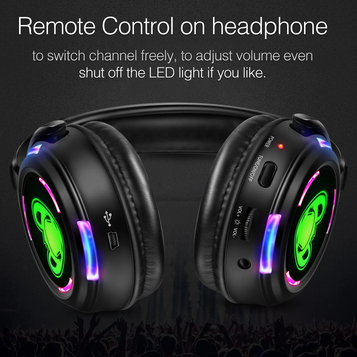 Silent Disco Wireless Headphones RF LED DJ Party Headset 863–865MHz/915MHz with 3-Channel LED Lighting & 10H Battery