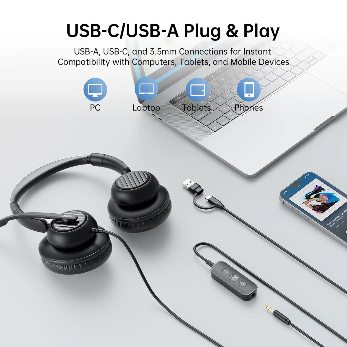 EKSA H8 Professional Office Headset with ENC Noise Cancelling Microphone, USB-A, USB-C & 3.5mm Wired Office Headset for PC, Laptop & Mobile