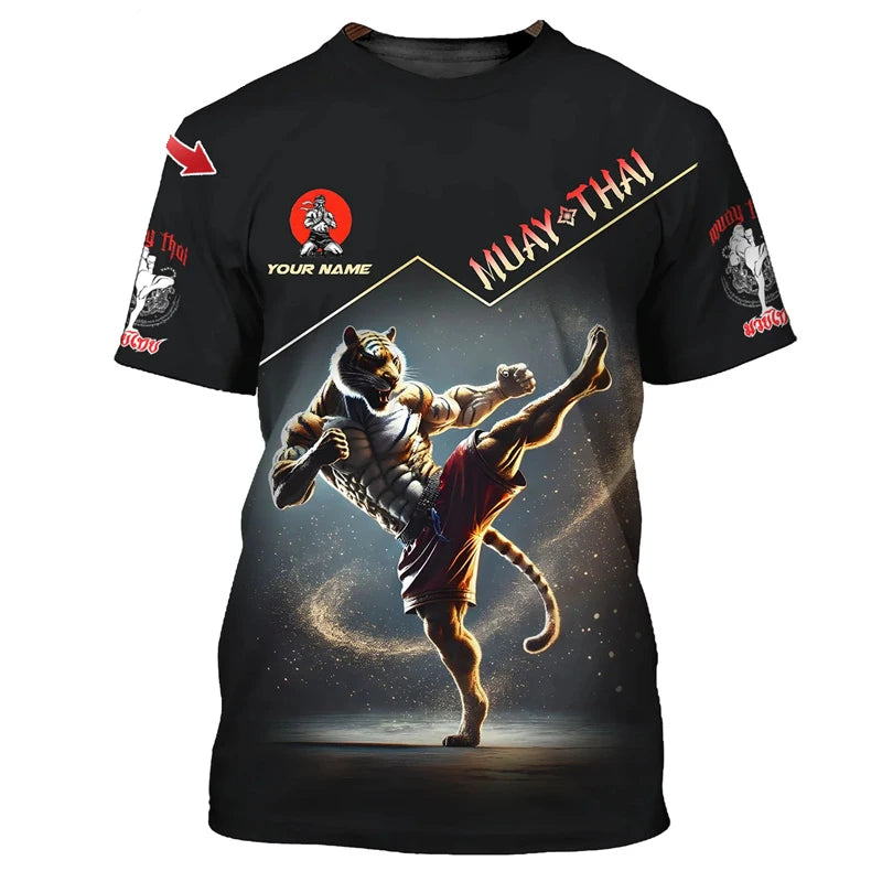 Stylové nové pánské tričko s grafikou Muay Thai, 3D potiskem tygra a draka, personalizovaným jménem a výrazným designem, letní tričko na gym a fitness