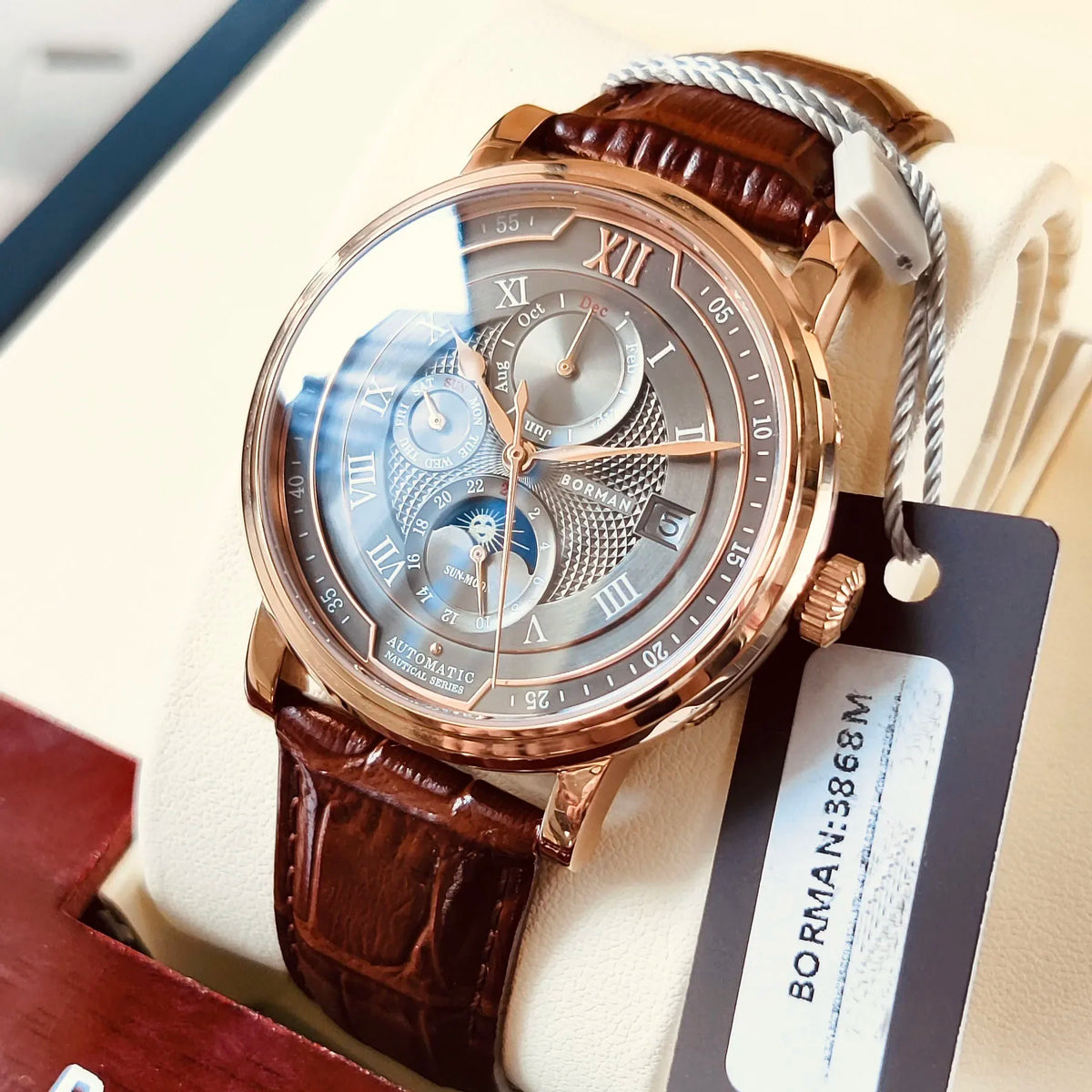 BORMAN BM3868 Novos relógios de pulso automáticos mecânicos de luxo para homem, 40 mm, com vidro de safira, multifunções, à prova de água e com fase lunar