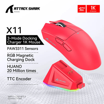 ATTACK SHARK X11 Tri-Mode Wireless Gaming Mouse 22000DPI PAW3311 Sensor Lightweight RGB Mouse with Fast Charging for PC Gaming