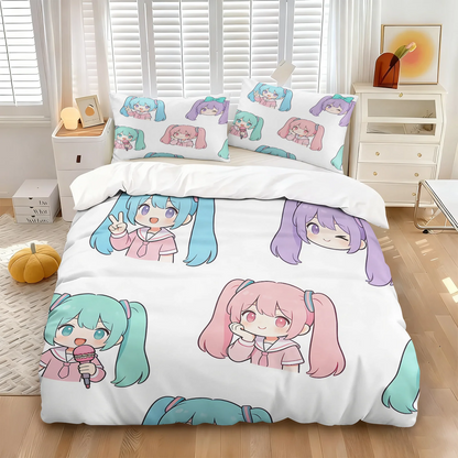 Conjunto de capa de edredão estilo chibi Hatsune Miku, roupa de cama anime adorável com fronhas, decoração para quarto gaming de adolescentes e crianças, presente para fãs