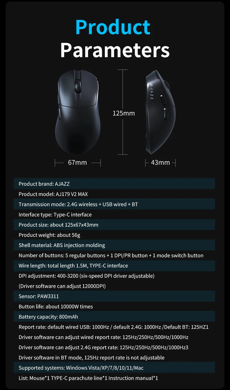 AJAZZ AJ179 V2 MAX Tri-Mode Wireless Gaming Mouse, 56g Lightweight PAW3311 Sensor, 12000 DPI, Rechargeable Right-Hand Gaming Mouse
