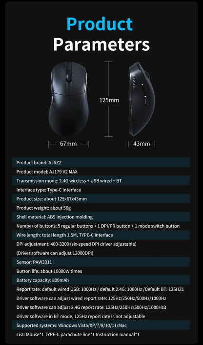 AJAZZ AJ179 V2 MAX Tri-Mode Wireless Gaming Mouse, 56g Lightweight PAW3311 Sensor, 12000 DPI, Rechargeable Right-Hand Gaming Mouse