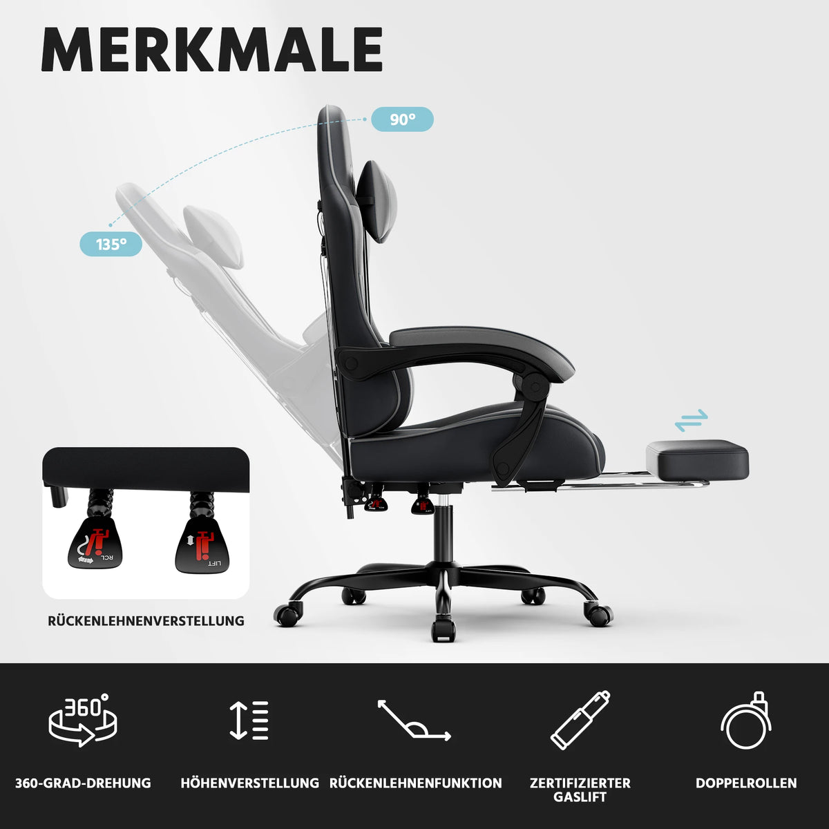 Comanlai Gaming Chair with Footrest Ergonomic High Back Gaming Chair, Adjustable Headrest & Lumbar Support, PU Leather Swivel Computer Gaming Chair for Office & Home