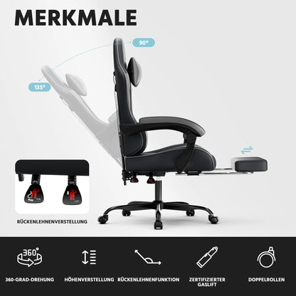 Comanlai Gaming Chair with Footrest Ergonomic High Back Gaming Chair, Adjustable Headrest & Lumbar Support, PU Leather Swivel Computer Gaming Chair for Office & Home