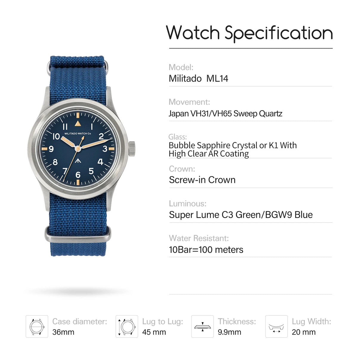 Militado ML14 36mm Watch VH31 Sweep Second Quartz Movement Watch Sapphire Crystal Super Luminous BGW9 C3 100m Waterproof Watches