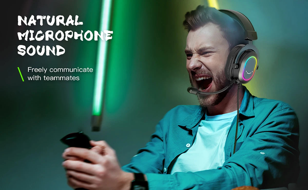 Fifine Dynamic RGB Gaming Headset with Mic Over-Ear Headphones 7.1 Surround Sound PC PS4 PS5 3 EQ Options Game Movie Music - H6