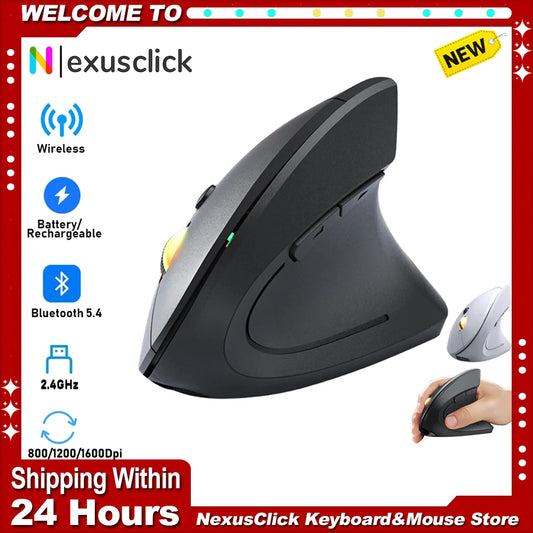 Mouse verticale wireless Bluetooth 2.4G ricaricabile ergonomico 1600DPI regolabile da gaming 6 pulsanti per laptop PC computer