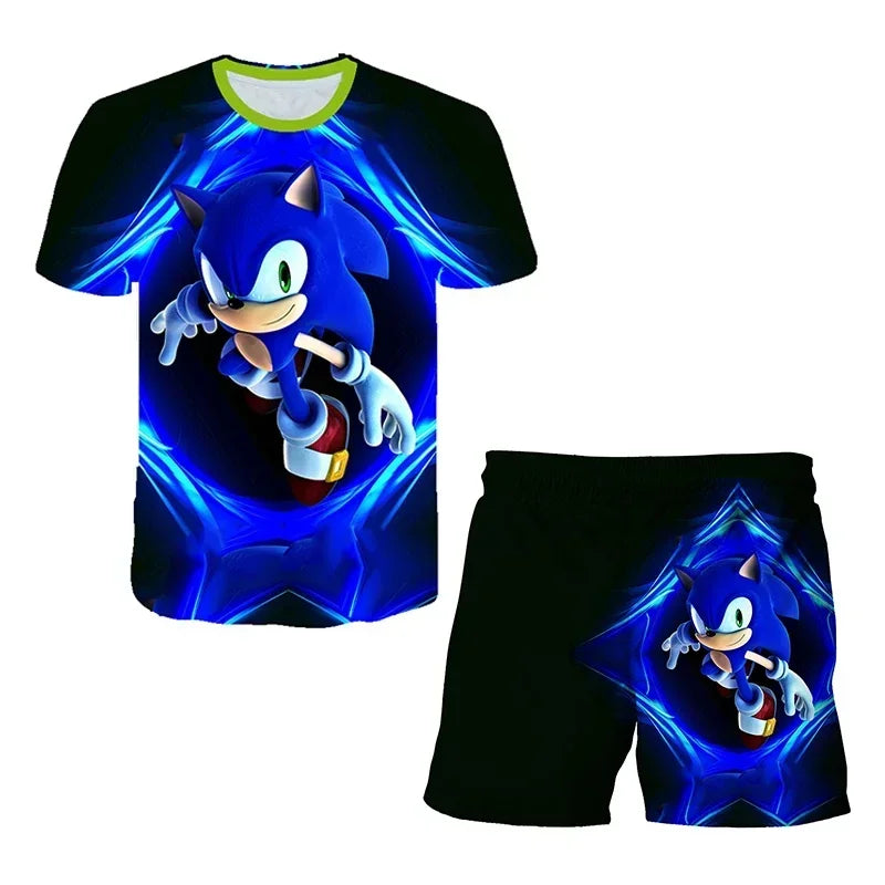 Sonic The Hedgehog Top Fashion 3D Anime Children's T-shirt Set Short Sleeve + Shorts Two-piece Set Girls Boys Cosplay Costume