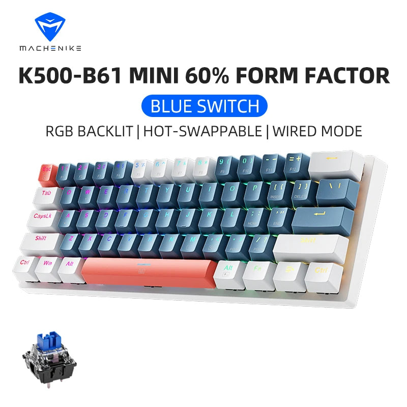 K500-B61 Machenike mini mehanička tipkovnica, format 60%, 61 tipka, gaming tipkovnica, žična, potpuno hot-swappable, RGB pozadinsko osvjetljenje