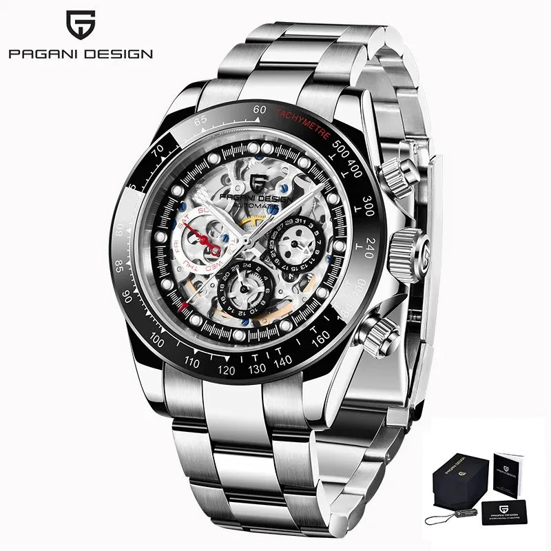 PAGANI Design - Relógio mecânico automático para homem com mostrador esqueletizado em círculo arco-íris, em aço inoxidável com cristal de safira - Relógios desportivos