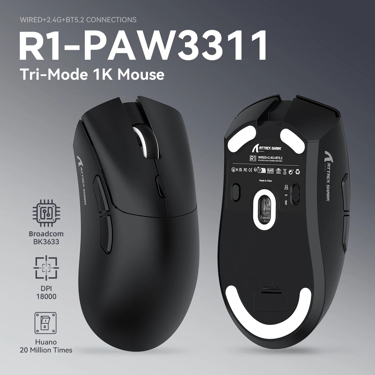 ATTACK SHARK R1 Tri-Mode Gaming Mouse, 18,000 DPI PixArt PAW3311 Wireless Gaming Mouse, 59g Ultralight Gaming Mouse for PC, Mac & Laptop