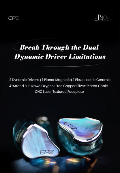 EPZ P40 PZT Ceramic HiFi In-Ear Headphones 2DD+1Planar Hybrid Drivers, EPZ P40 Ceramic Earphones with Silver-Plated Cable, 4.4mm/3.5mm Audiophile IEM