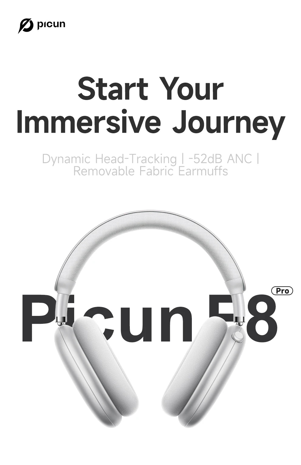 Picun F8 Pro ANC Wireless Headphones with 3D Spatial Audio, Bluetooth 5.4 Head Tracking, -52dB Noise Cancelling, HiFi Gaming Headset