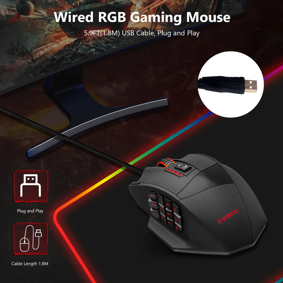 Mouse gaming programmabile E-YOOSO X-39, mouse RGB cablato con 18 pulsanti, 8 pesi removibili, 5 DPI, impugnatura ergonomica per computer