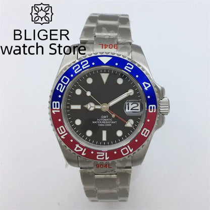 BLIGER 40mm NH34 GMT Watch For Men Mechanical Wristwatch Luminous Bezel Sapphire Glass Stainless Steel Bracelet Reloj Hombre