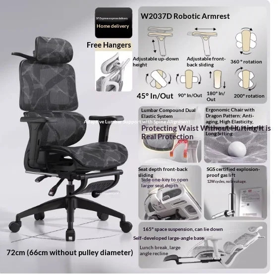 Ergonomska uredska stolica od mrežastog materijala s podesivom lumbalnom potporom, okretnim i nagibnim mehanizmom, naslonom za glavu i kotačićima za kućni ured, ured i gaming