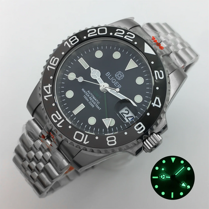 BLIGER 40mm NH34 GMT Watch For Men Mechanical Wristwatch Luminous Bezel Sapphire Glass Stainless Steel Bracelet Reloj Hombre