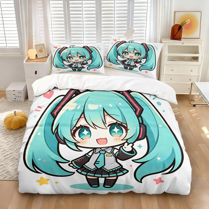 Conjunto de capa de edredão estilo chibi Hatsune Miku, roupa de cama anime adorável com fronhas, decoração para quarto gaming de adolescentes e crianças, presente para fãs