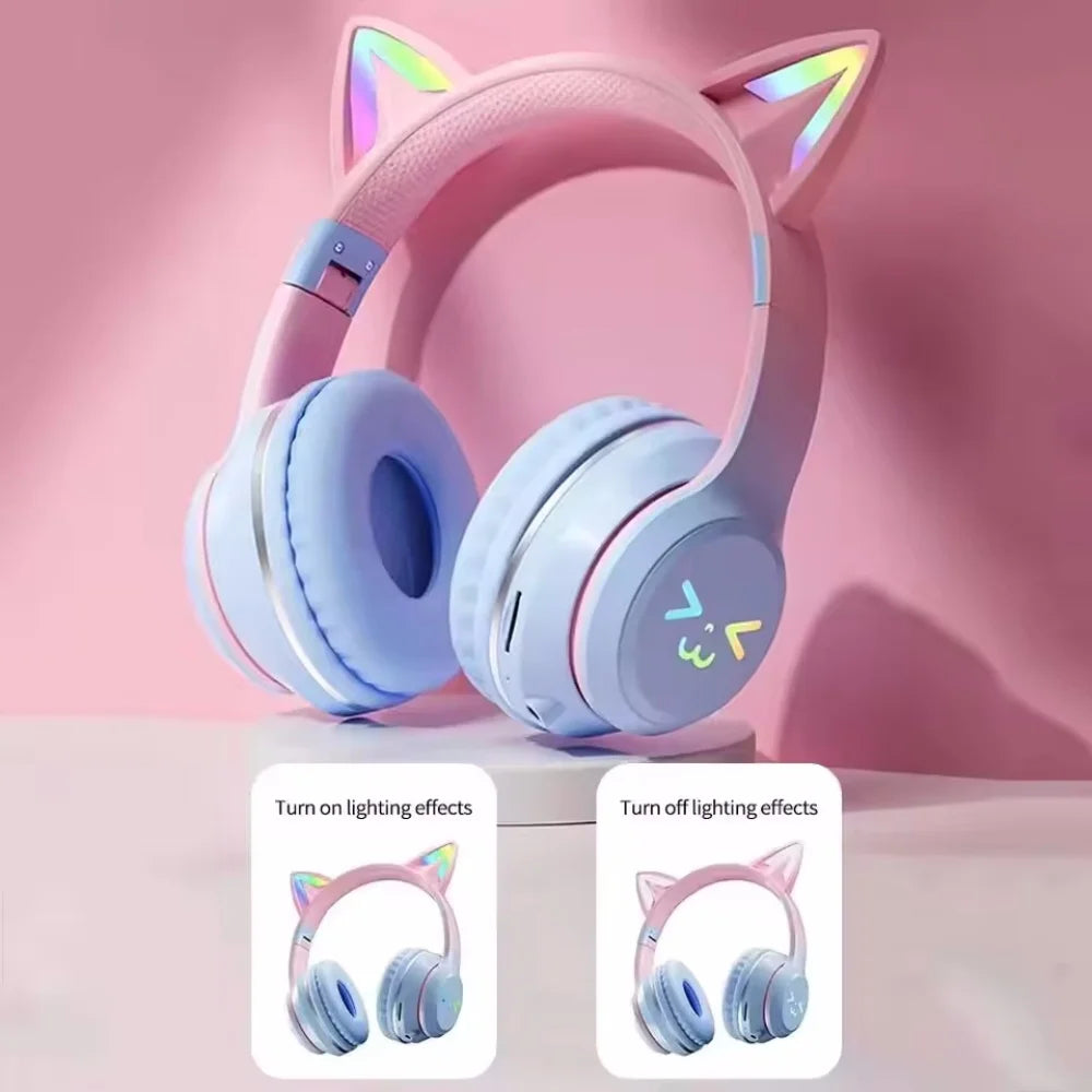 RGB Cat Ear Bluetooth Headphones Wireless Gaming Headset with Microphone, Cute LED Light Stereo Music Headphones for Kids Girls Gifts