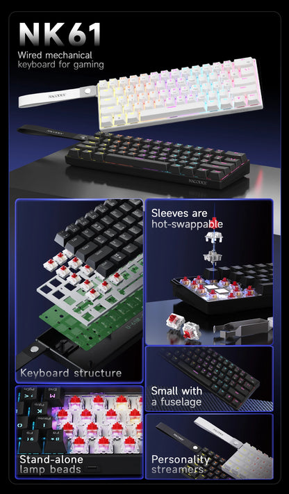 AJAZZ NK61 Wired 61-Key Gaming Mechanical Keyboard 60% RGB Lighting Hot-Swappable Red Switches 61 Keys Suitable for Gamers