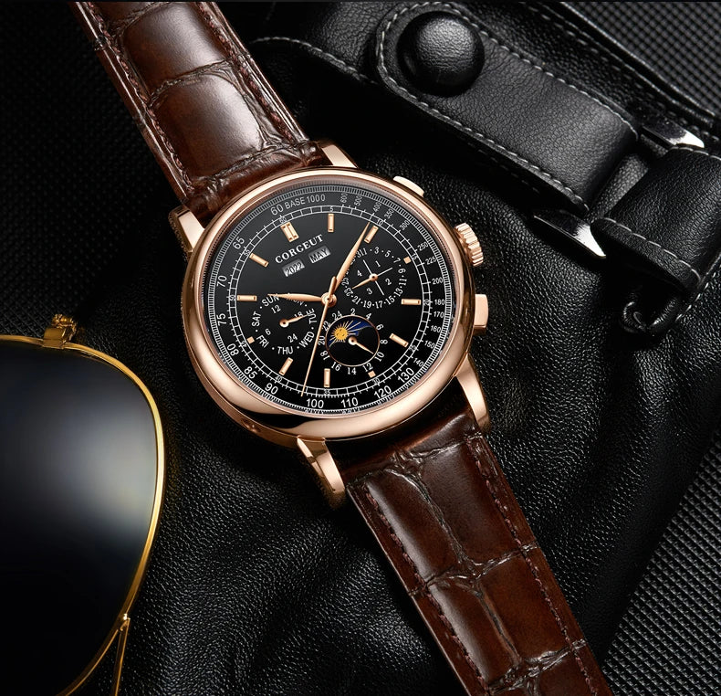 CORGEUT Automatic Mechanical Luxury Watches For Man Business Multification Date Day Month Year 316L Mechanical Men's Watches