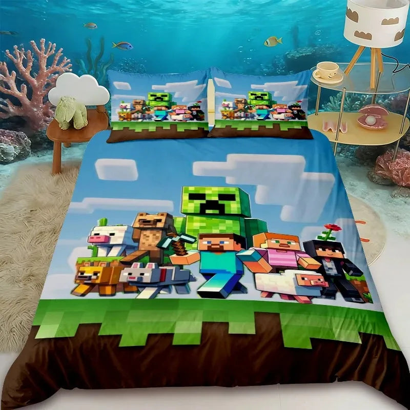 Cartoon Children Duvet Cover Minecraft Cartoon Quilt Cover Bedding Set Queen King Full Size with 1/2 Pillocase Bedroom