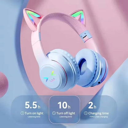 RGB Cat Ear Bluetooth Headphones Wireless Gaming Headset with Microphone, Cute LED Light Stereo Music Headphones for Kids Girls Gifts