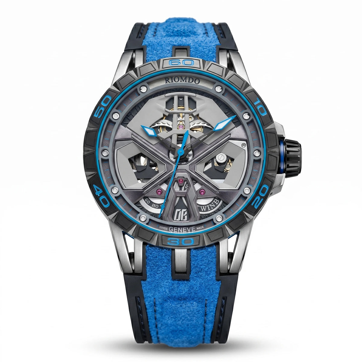 OBLVLO Mens Luxury Machinery Skeleton Mechanical Automatic Watches Analog Big Dial Blue Rubber Band Military Watch RD-909