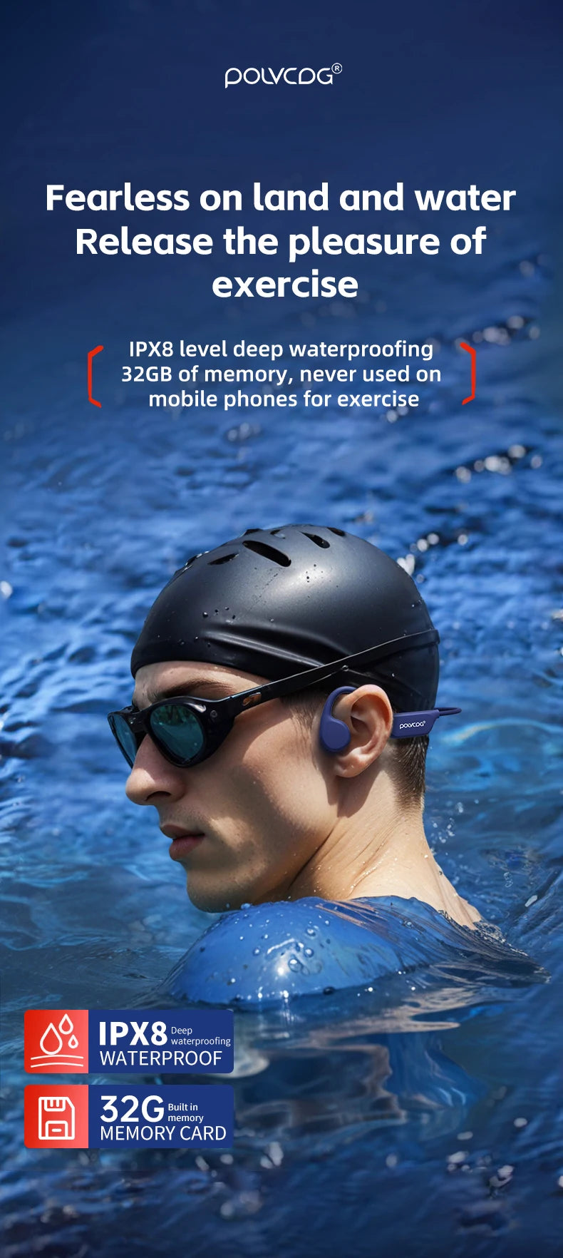 POLVCDG X7 Bone Conduction Headphones Bluetooth 5.3 IPX8 Waterproof Swimming Headset with 32GB MP3 Memory & Microphone