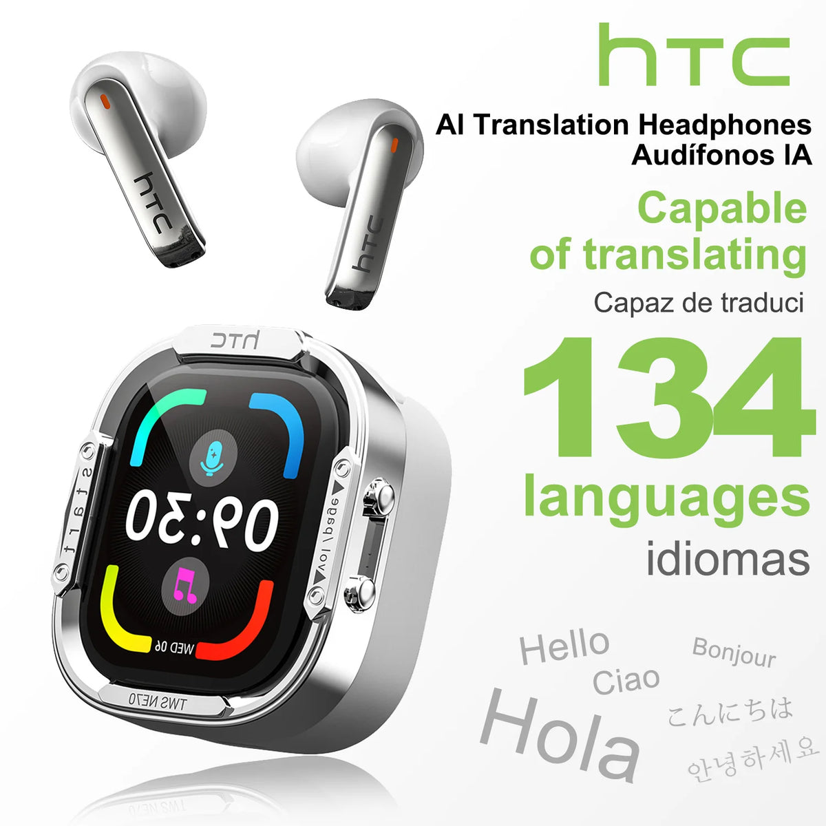HTC NE70 Bluetooth 5.3 TWS Earbuds Touch Screen AI Translator Gaming Earphones with Noise Reduction, Deep Bass Wireless In-Ear Headphones