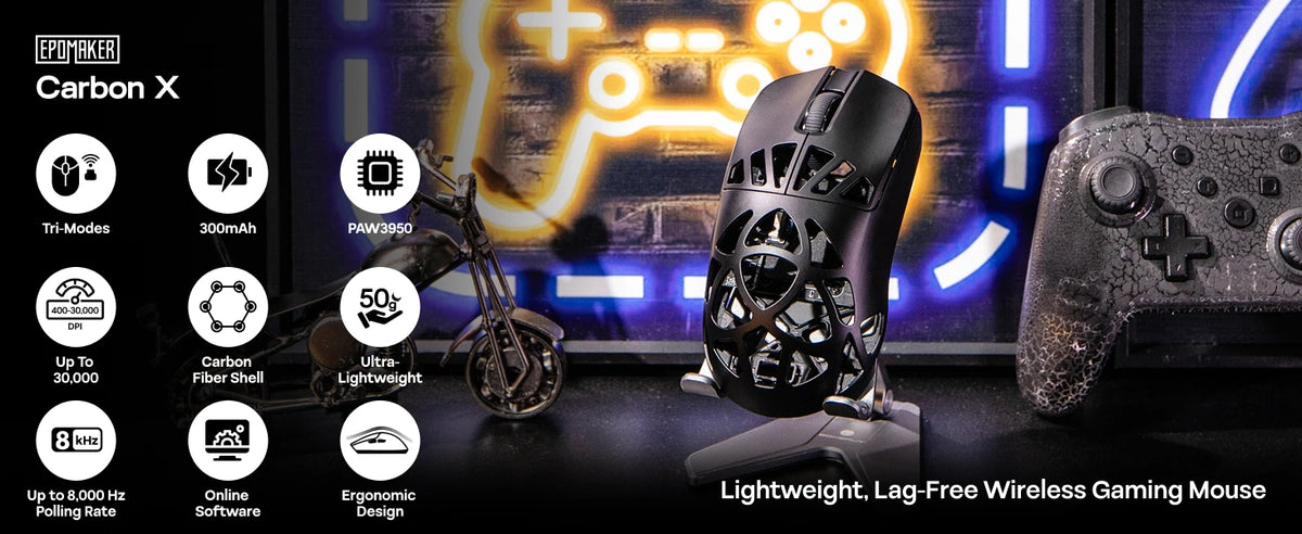 Mouse da gaming wireless EPOMAKER Carbon X cablato/2.4G/BT, da 400 a 30,000 DPI regolabili, con sensore PAW3950 per PC/Mac/Linux