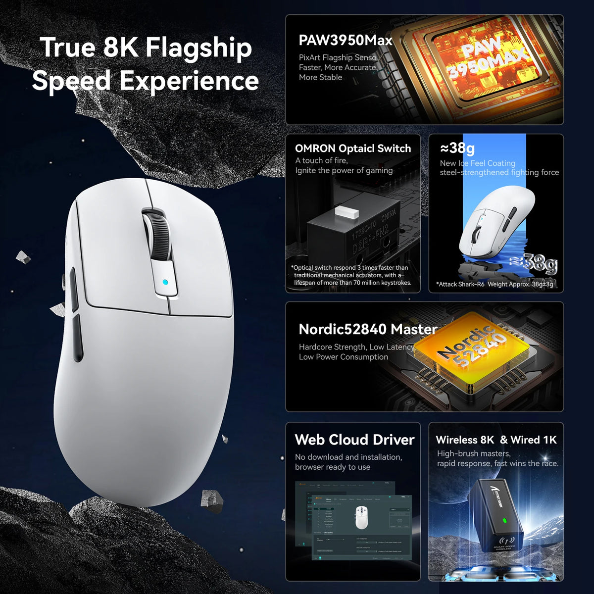 Mouse gaming wireless ATTACK SHARK R6 PAW3950MAX, polling 8Khz, ultraleggero 39g, MCU Nordic 52840, microswitch ottici Omron