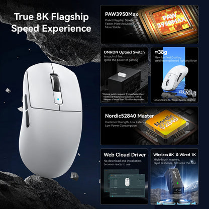Mouse gaming wireless ATTACK SHARK R6 PAW3950MAX, polling 8Khz, ultraleggero 39g, MCU Nordic 52840, microswitch ottici Omron