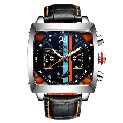 Automatic Watches for Men Mechanical Genuine Leather Stainless Steel Black Orange Blue Casual 40mm Perspective See Through Watch
