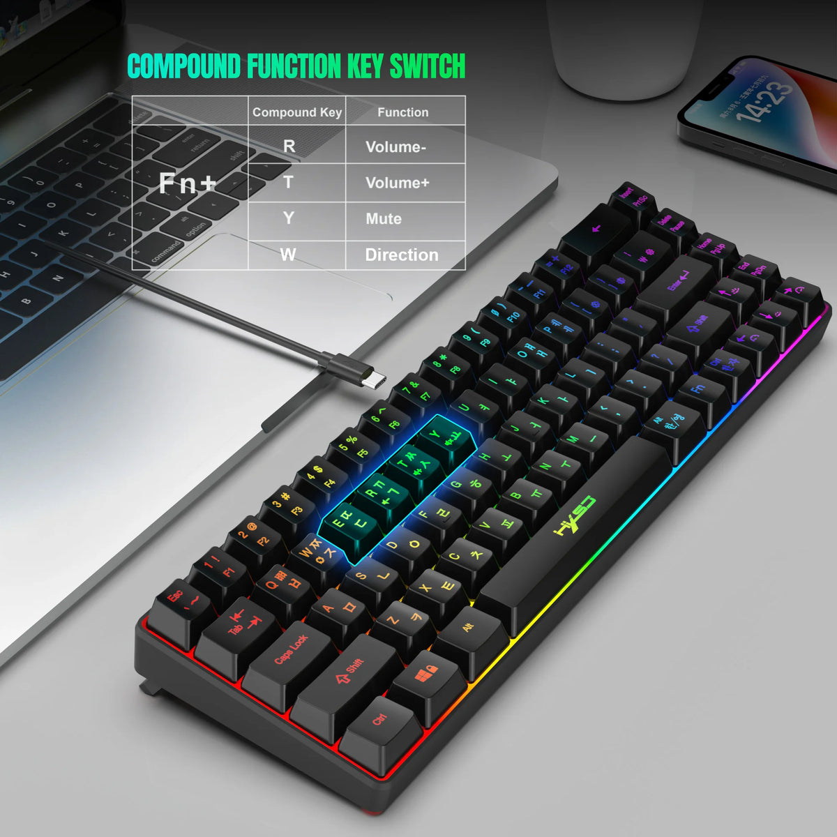 Tastiera gaming 68 tasti USB cablata portatile con retroilluminazione RGB 20, layout coreano, per laptop e computer Windows