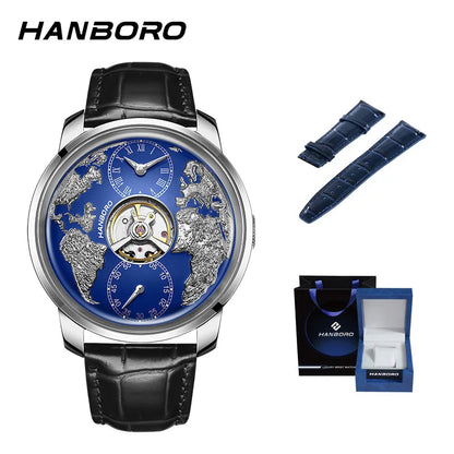 HANBORO World Time Series Men's Fully Automatic Mechanical Watch with Hollow Flywheel World Earth Personality Watch 1026